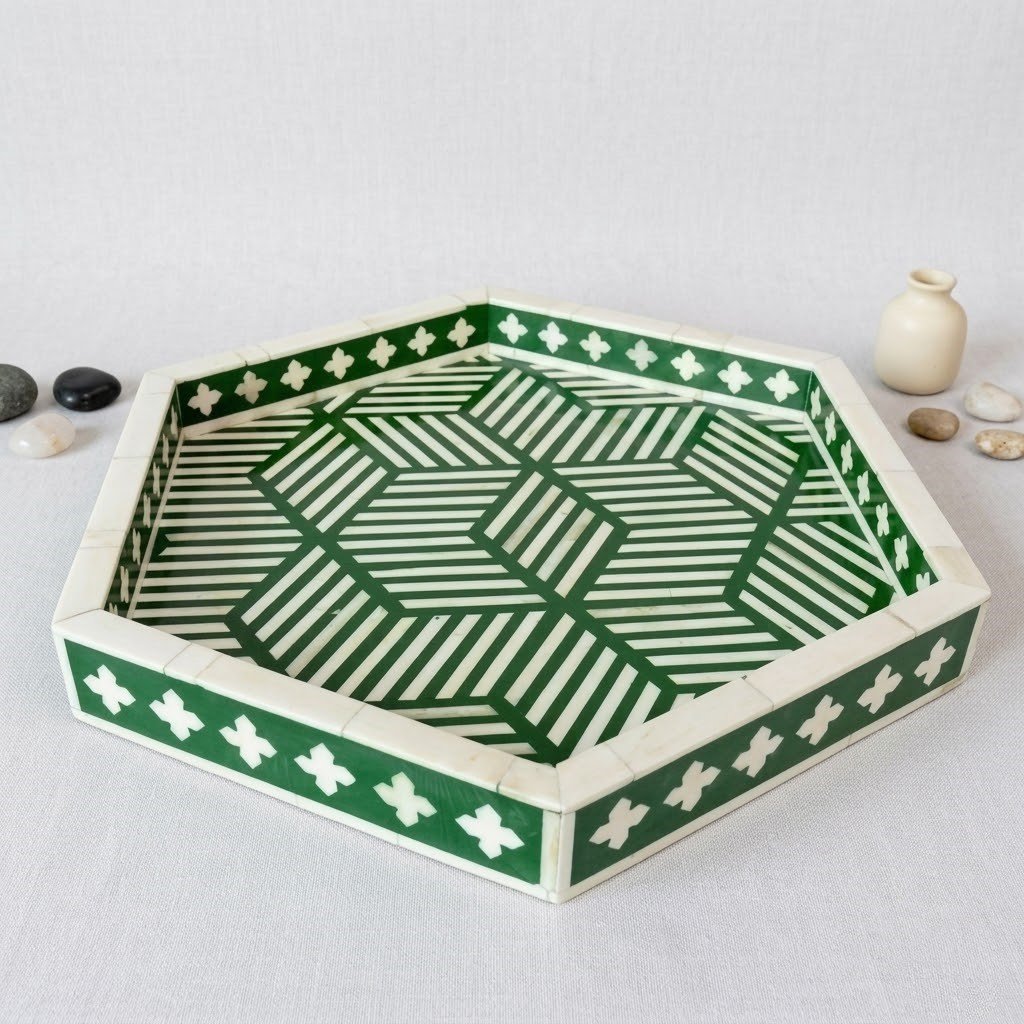 Emerald Bone Inlay Hexagon Serving Tray